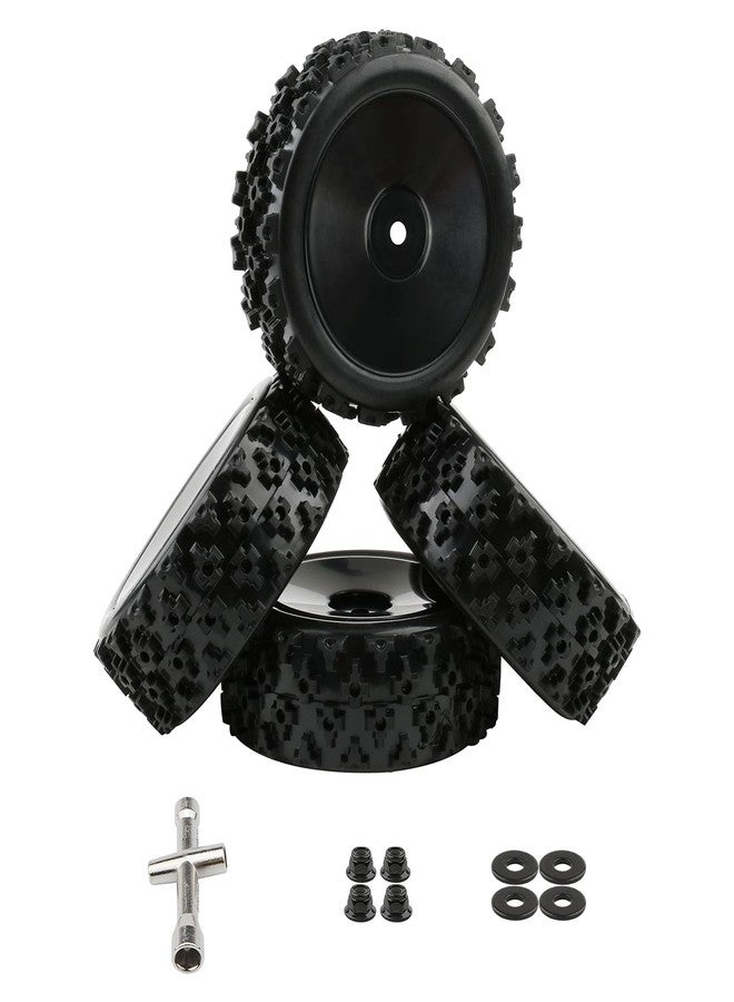 Rchobbytop 4pcs 1/10 On-Road Wheels and Tires 12mm Hex Black Hard Dish Wheel and Rally Block Tyre for Street Racing Car Kyosho Tamiya Traxxas HPI etc, with Lock Nuts Washers Wrench Replacement Parts - Image 2